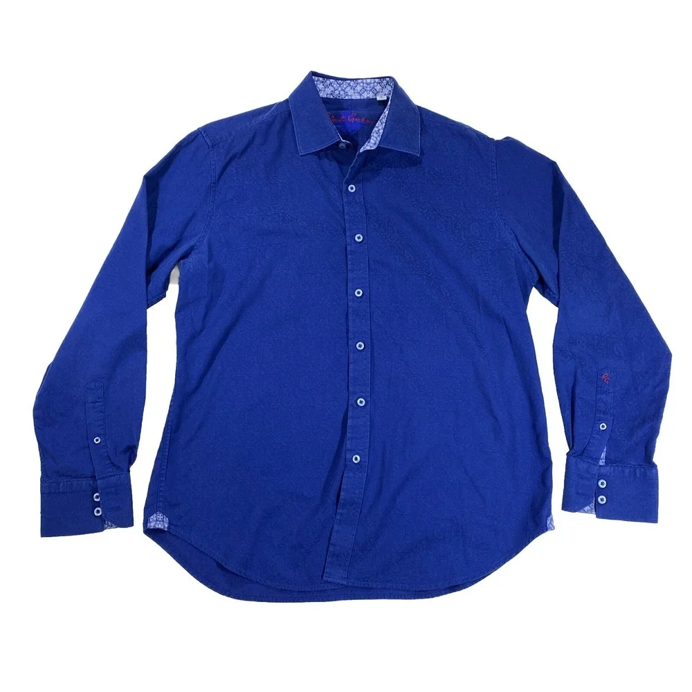 Robert Graham Shirt Mens‎ L Blue Jacquard Classic Fit Contrast Cuffs Floral Trim